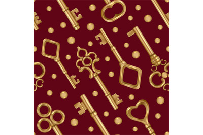 Keys pattern. Golden vintage ornate realistic keys for doors decent ve