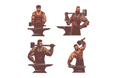 Blacksmith characters. Strong man worker with big steel hammer making