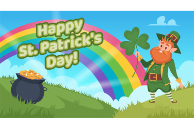 St patrick background. Gnome fairy tale character leprechaun in action