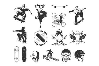 Skateboard emblems. Extreme sport riders on skateboards symbols and ba