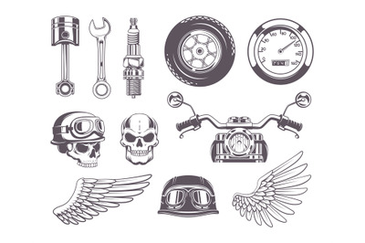 Motorcycle badges. Traveling moto labels for bikers club choppers skul