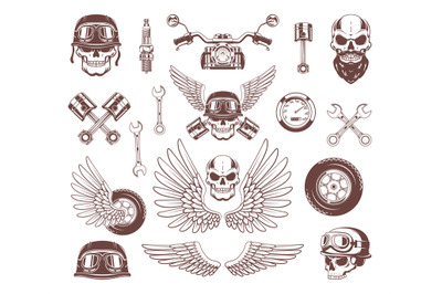 Biker badges. Motorcycle emblems with bikes skull and choppers protect