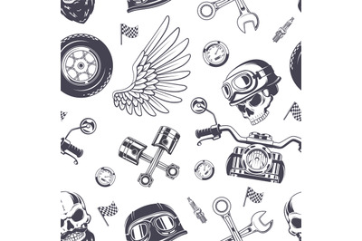 Motorcycle pattern. Extreme travelling symbols bike skull wings helmet