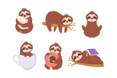 Sloths. Cute lazy sloths relax on branches wild animals in action pose