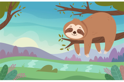 Funny sloths. Cute wild lazy animals relaxing or sleeping on branches