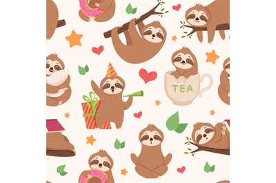 Sloth pattern. Funny lazy wild animal in various action poses exotic c