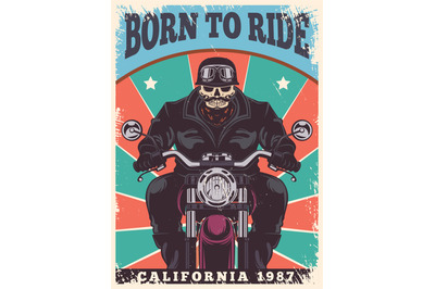 Motorcycle poster. Bikers club freedom symbols animal in helmet exact