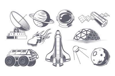 Space labels. Monochrome badges with space rockets astronaut exploring