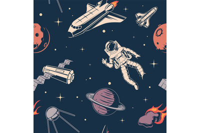 Space universe pattern. Mars exploration symbols astronaut adventure i