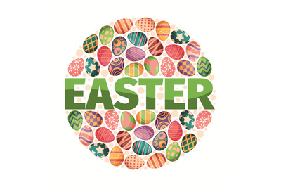 Easter background. Circle round decoration template with colored eggs