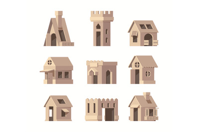 Box for kids. Cardboard buildings castles and houses garish vector ill