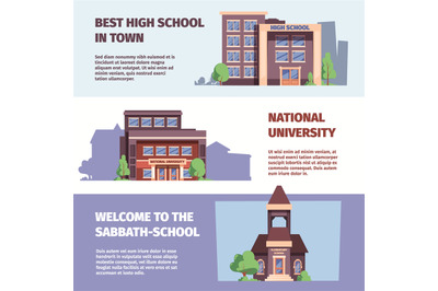 Education banners. Print template with school buildings facades garish