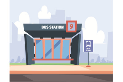 Bus station background. Urban municipal cartoon illustrations with pla