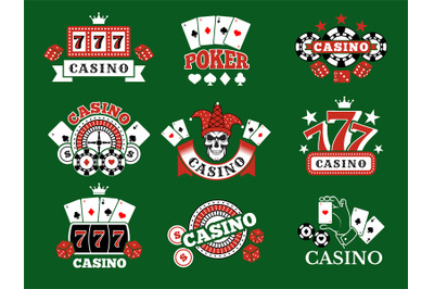 Casino badges. Poker cards and gambling game symbols stylized emblems