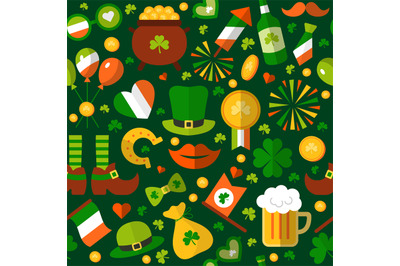 St patrick pattern. Leprechaun character with gold green clover leaf l