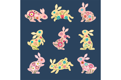 Easter rabbits. Silhouettes of animals bunnies with botanical decorati