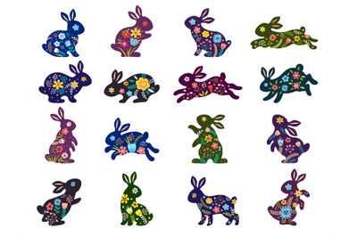 Easter bunnies. Spring designs silhouettes with pictures of leaves and