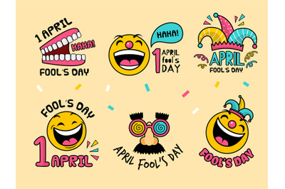 Fools day emblem. 1 april celebration event badges or labels recent ve