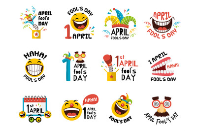 1 april symbols. Fools day emblems and logos with place for text recen