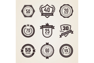 Anniversary badges. Celebration dates numbers emblems in vintage style