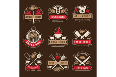 Steakhouse emblem. Meat store logotype barbeque vintage labels for res