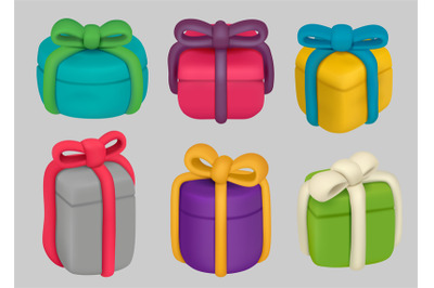 Gift boxes. Little plasticine present closed containers with ribbons d