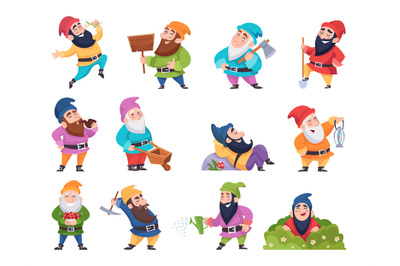 Cartoon dwarf. Mining fantasy gnomes in various poses funny fairytale