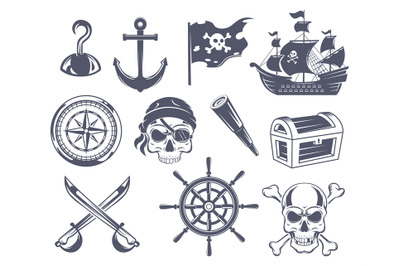 Pirate badges. Tattoo marine emblems for sailors skull and bones drawi