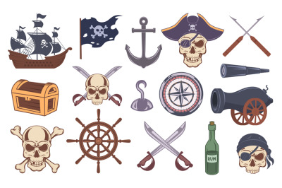 Pirate emblems. Black symbols of pirates drawing elements bones skull