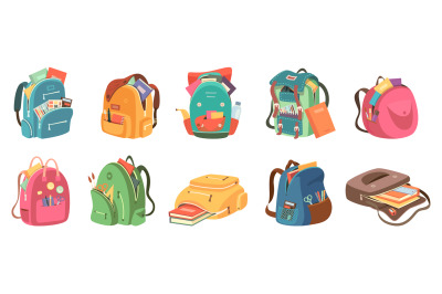 Schoolbags. Full kids students rucksack colorful bags with various edu