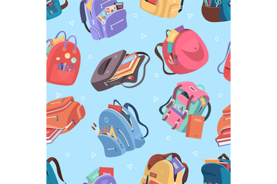 School bags pattern. Education accessories and textile containers for