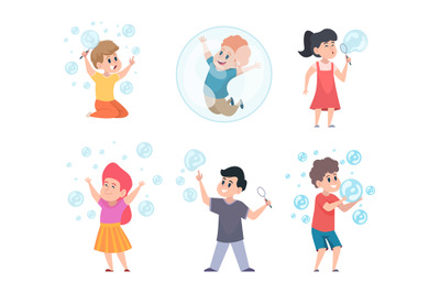 Kids with bubbles. Boys and girls blowing soap foam circle bubbles hap