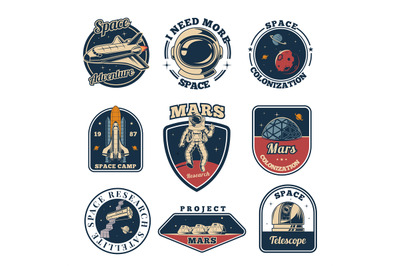 Space labels. Universe emblems astronaut space exploration science wit