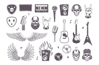 Rock emblem. Aggressive music badges with place for text skull bones f