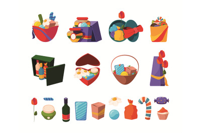 Gifts collection. Holiday presents in cardboards with ribbons decorati