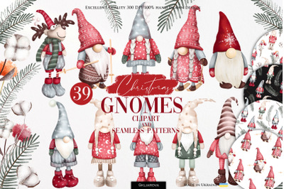 Christmas gnomes clipart and seamless patterns