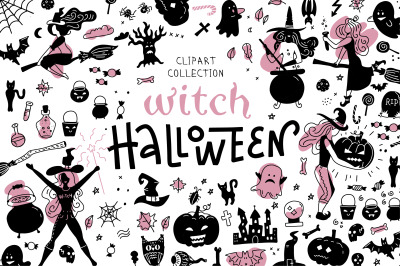Pink witch Halloween flat vector set