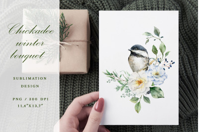 Chickadee watercolor clipart, roses sublimation, Christmas bird