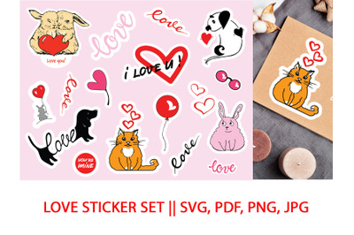 Valentine Sticker Set. Love stickers pack with animals