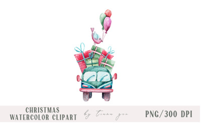 Watercolor Christmas car with gift boxes sublimation