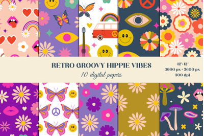 Retro Groovy Hippie Vibes, digital paper, seamless patterns
