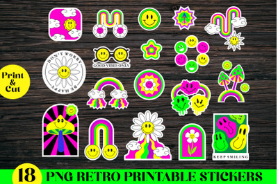 Retro psychedelic smiley stickers, PNG printable stickers