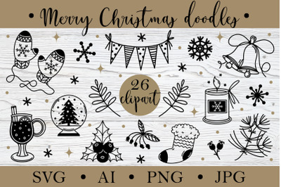 Merry Christmas doodles, SVG PNG clipart winter bundle
