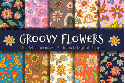 Groovy Flowers Retro Seamless patterns &amp; digital papers