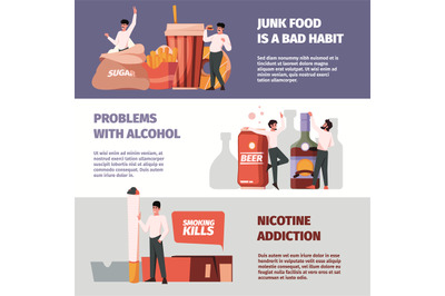 Destruction habits. Adults persons with bad addictions overeating alco