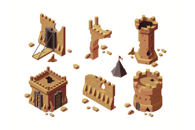 Medieval buildings. War damaged historical constructions game 3d isome