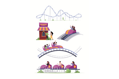 Rollercoaster. Friends riding in amusement park have fun positive emot