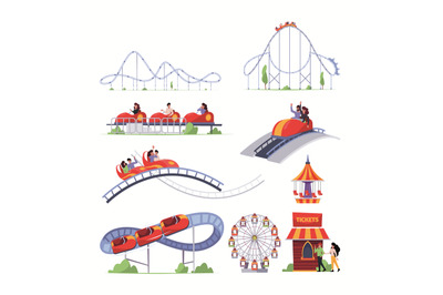 Roller coaster park. Amusement adventure characters have fun in roller