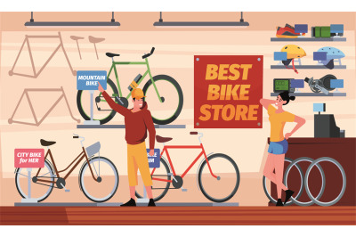 Bike store. Sport people customers in extreme market for adventure bic