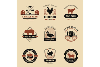 Farm badges. Rural emblems milk meat vegetables and fruits country hor